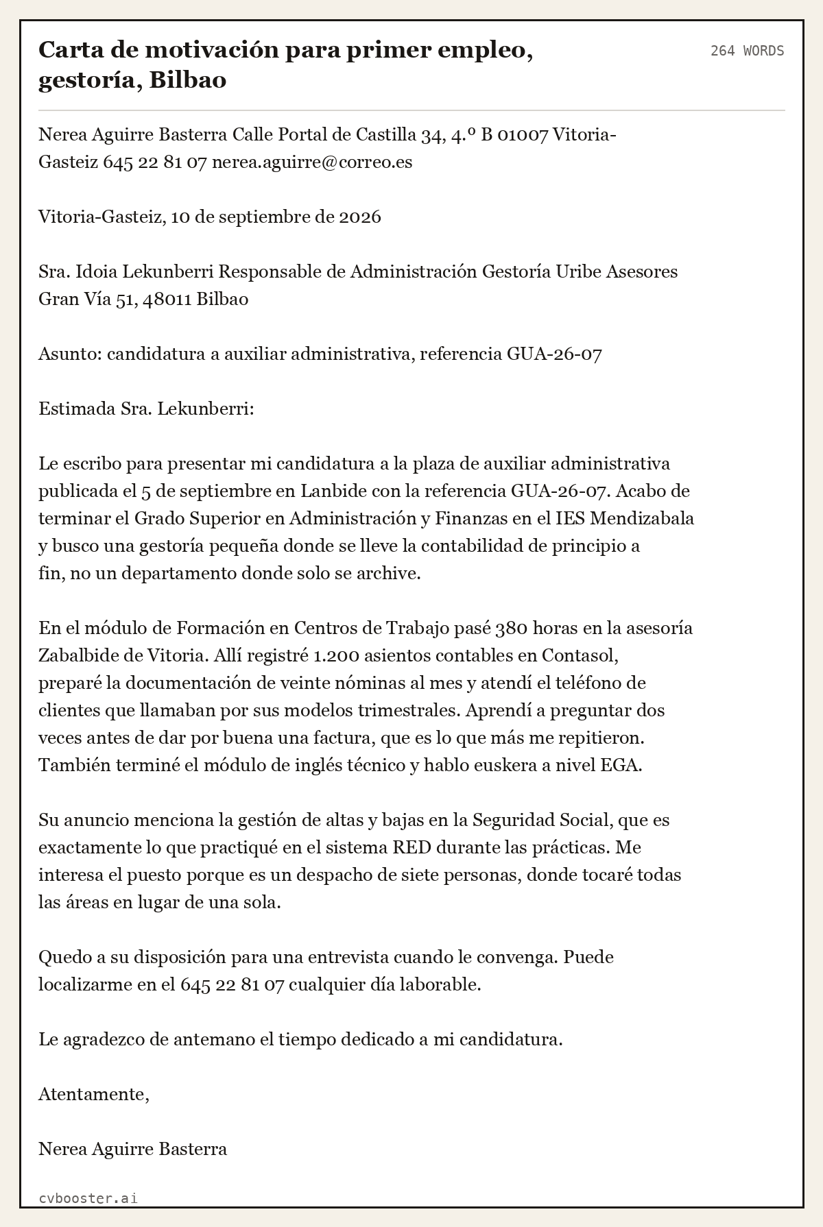 Ejemplo completo: Carta de motivación para primer empleo, gestoría, Bilbao, 264 palabras