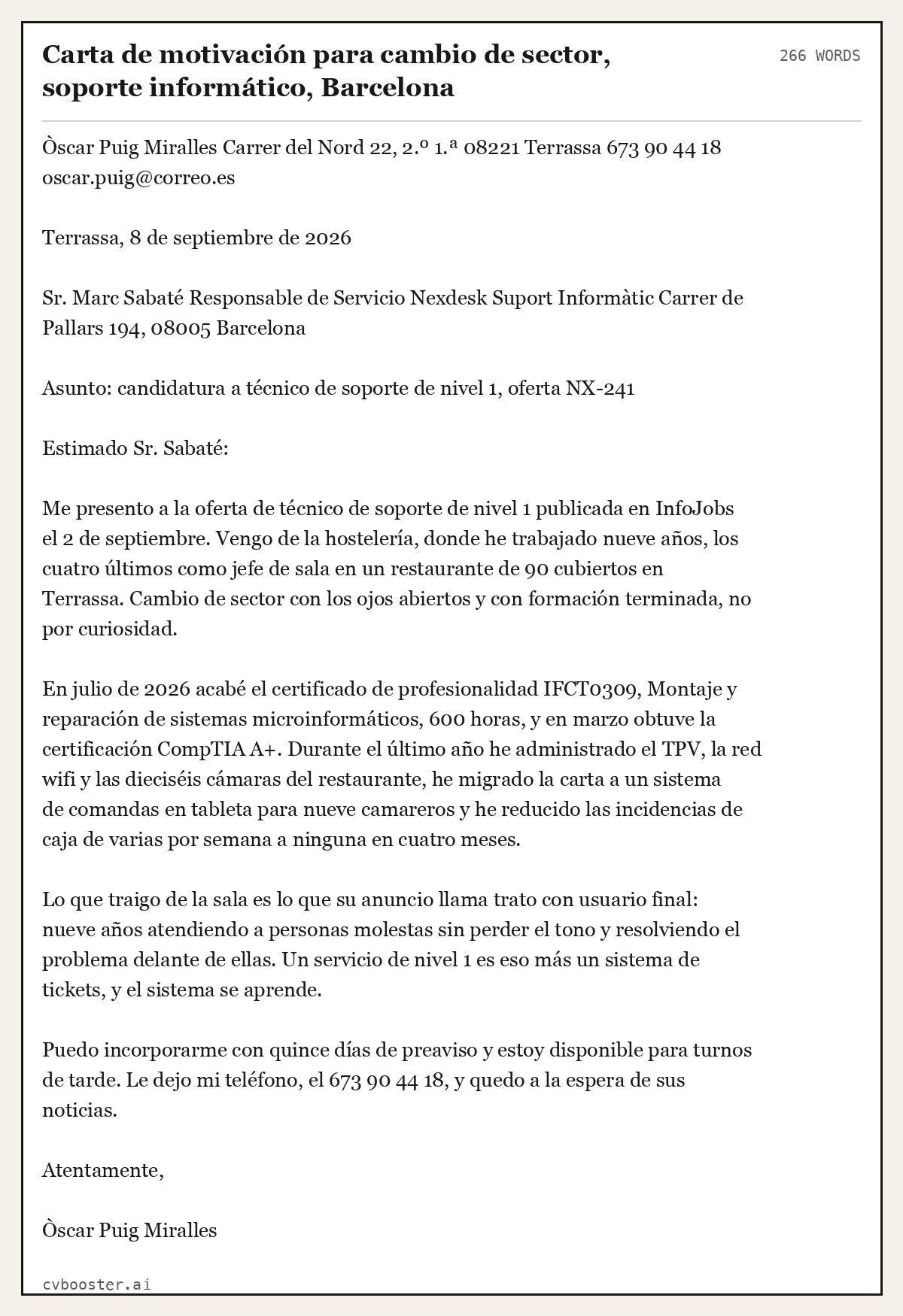 Ejemplo completo: Carta de motivación para cambio de sector, soporte informático, Barcelona, 266 palabras