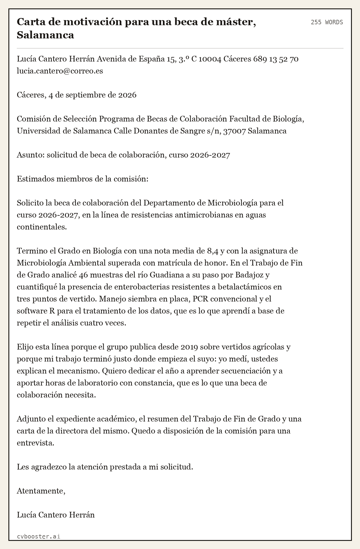 Ejemplo completo: Carta de motivación para una beca de máster, Salamanca, 255 palabras