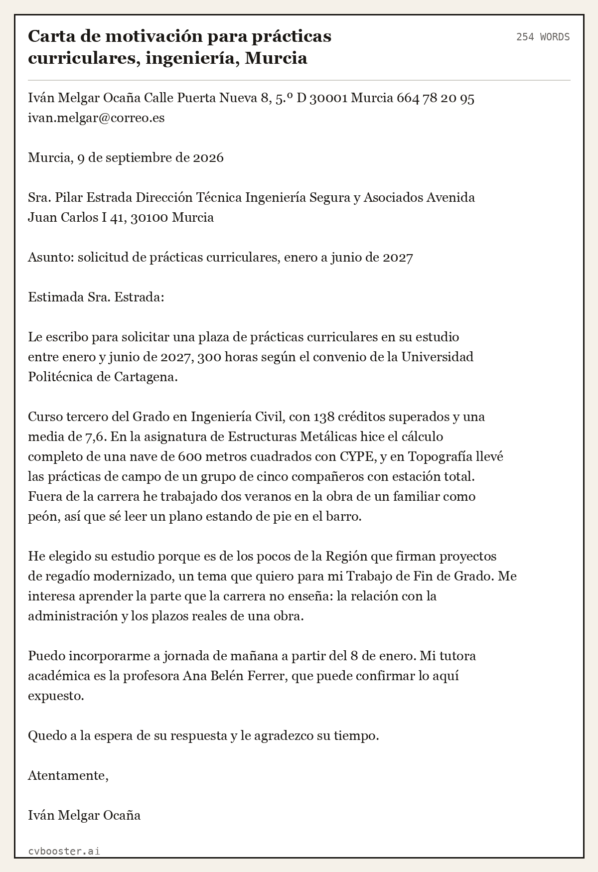 Ejemplo completo: Carta de motivación para prácticas curriculares, ingeniería, Murcia, 254 palabras
