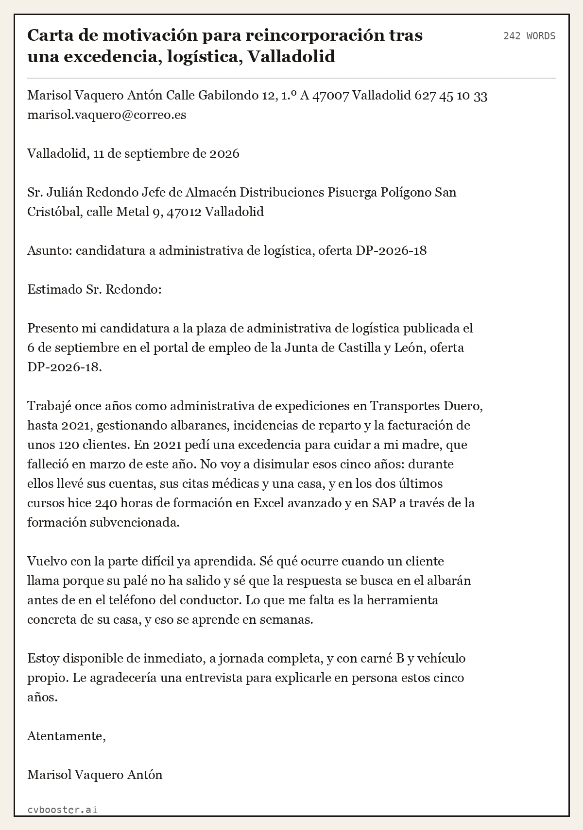 Ejemplo completo: Carta de motivación para reincorporación tras una excedencia, logística, Valladolid, 242 palabras