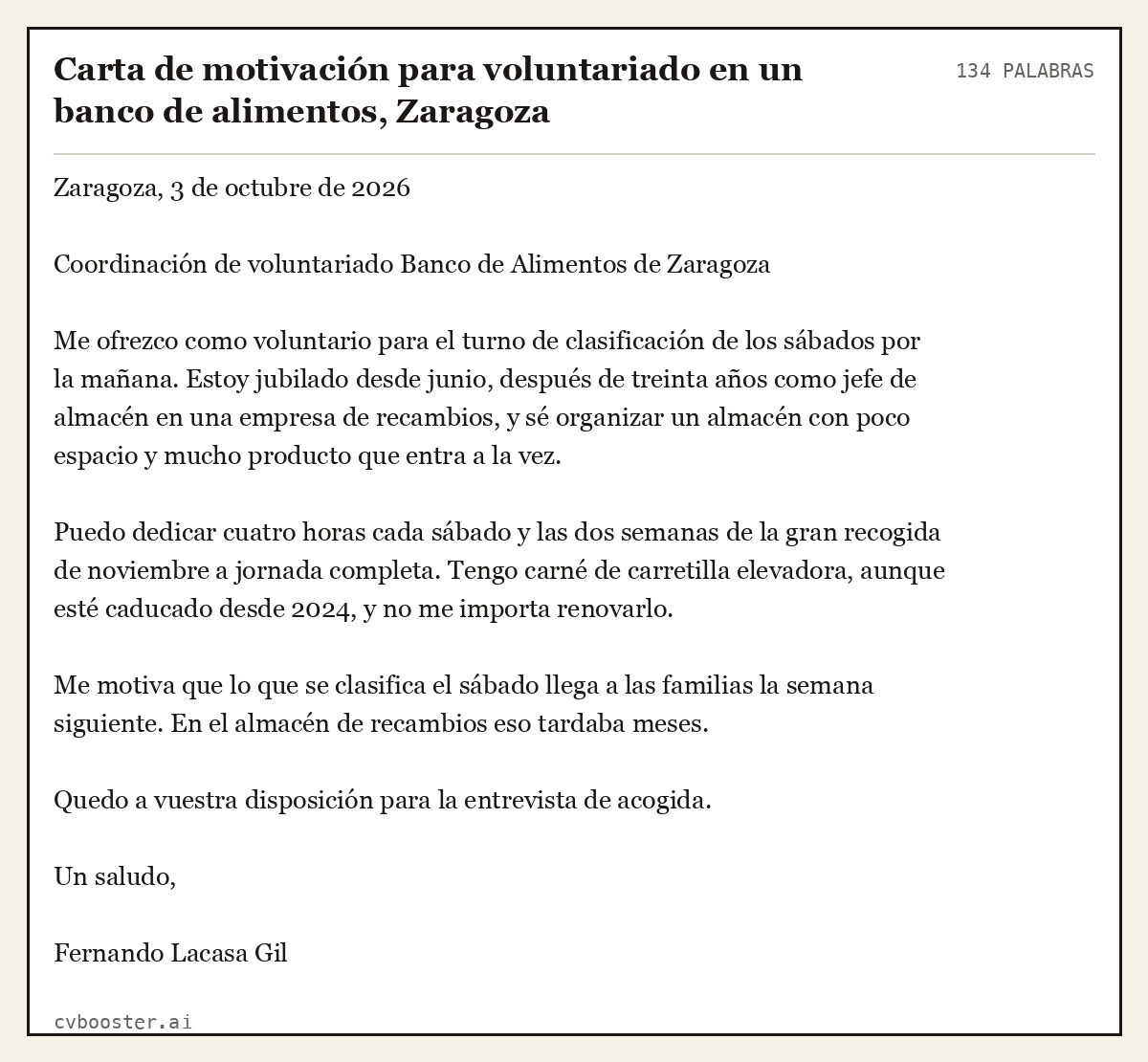 Ejemplo completo: Carta de motivación para voluntariado en un banco de alimentos, Zaragoza, 134 palabras