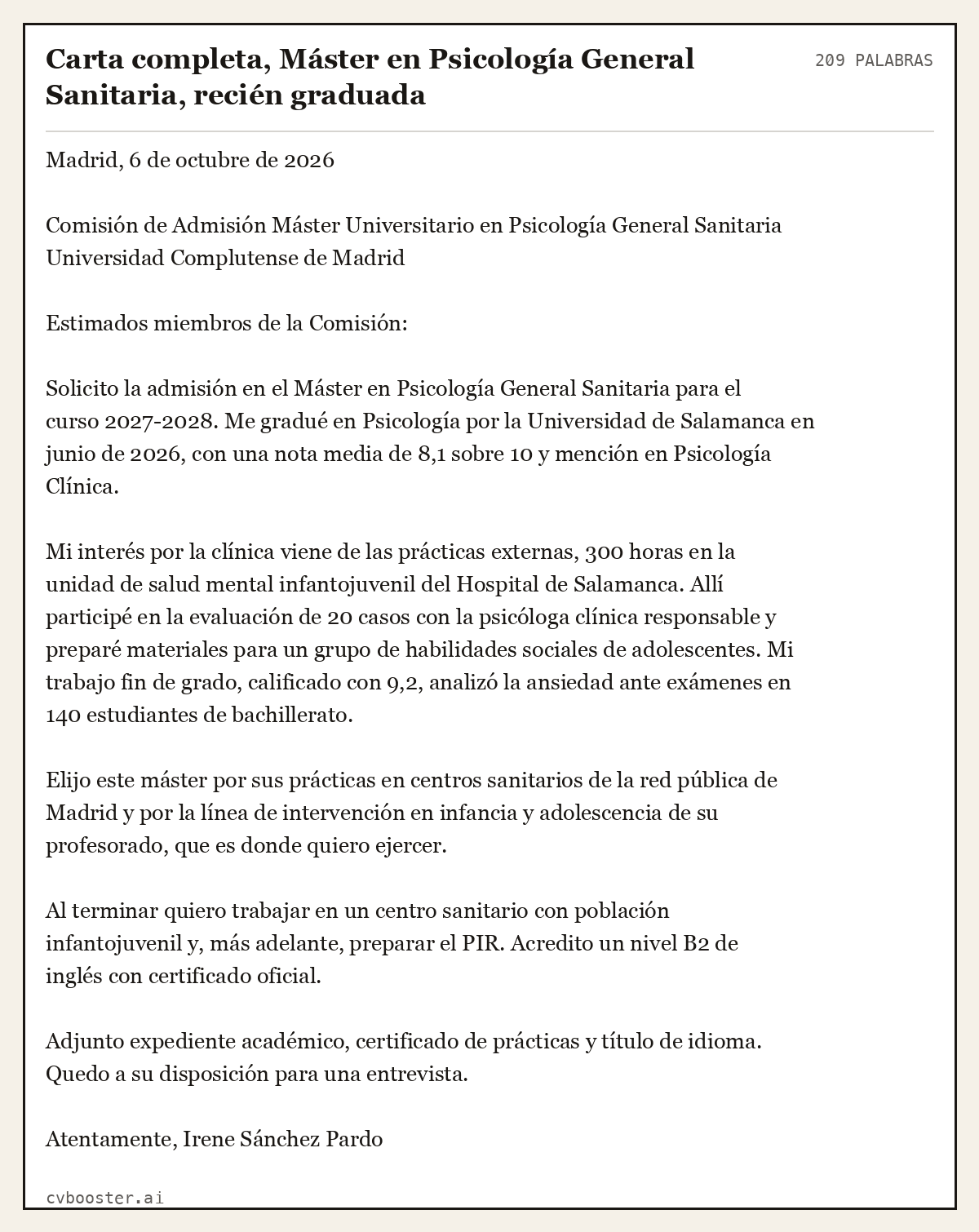 Ejemplo completo: Carta completa, Máster en Psicología General Sanitaria, recién graduada, 209 palabras