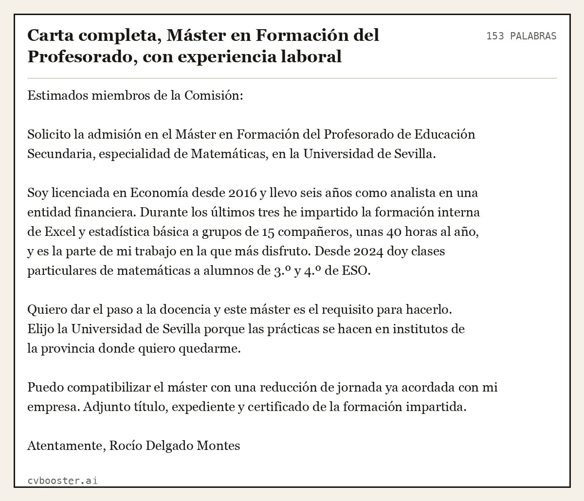 Ejemplo completo: Carta completa, Máster en Formación del Profesorado, con experiencia laboral, 153 palabras