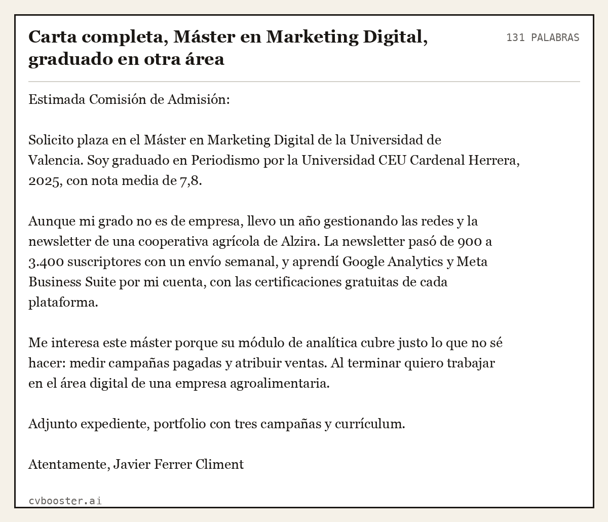 Ejemplo completo: Carta completa, Máster en Marketing Digital, graduado en otra área, 131 palabras