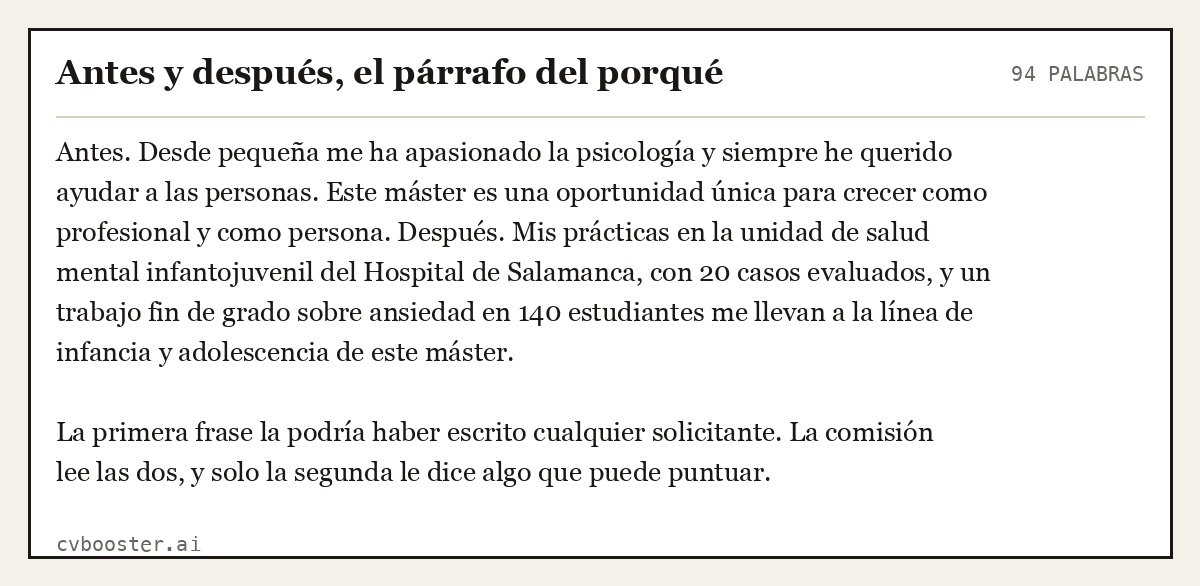Ejemplo completo: Antes y después, el párrafo del porqué, 94 palabras