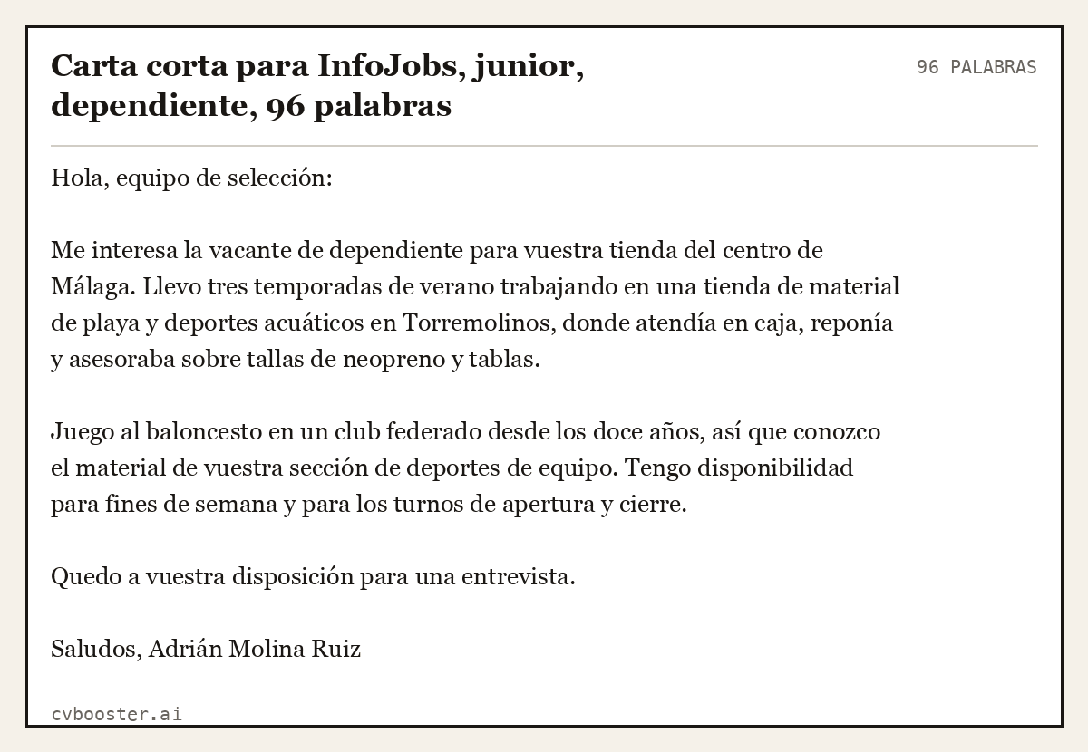 Ejemplo completo: Carta corta para InfoJobs, junior, dependiente, 96 palabras, 96 palabras