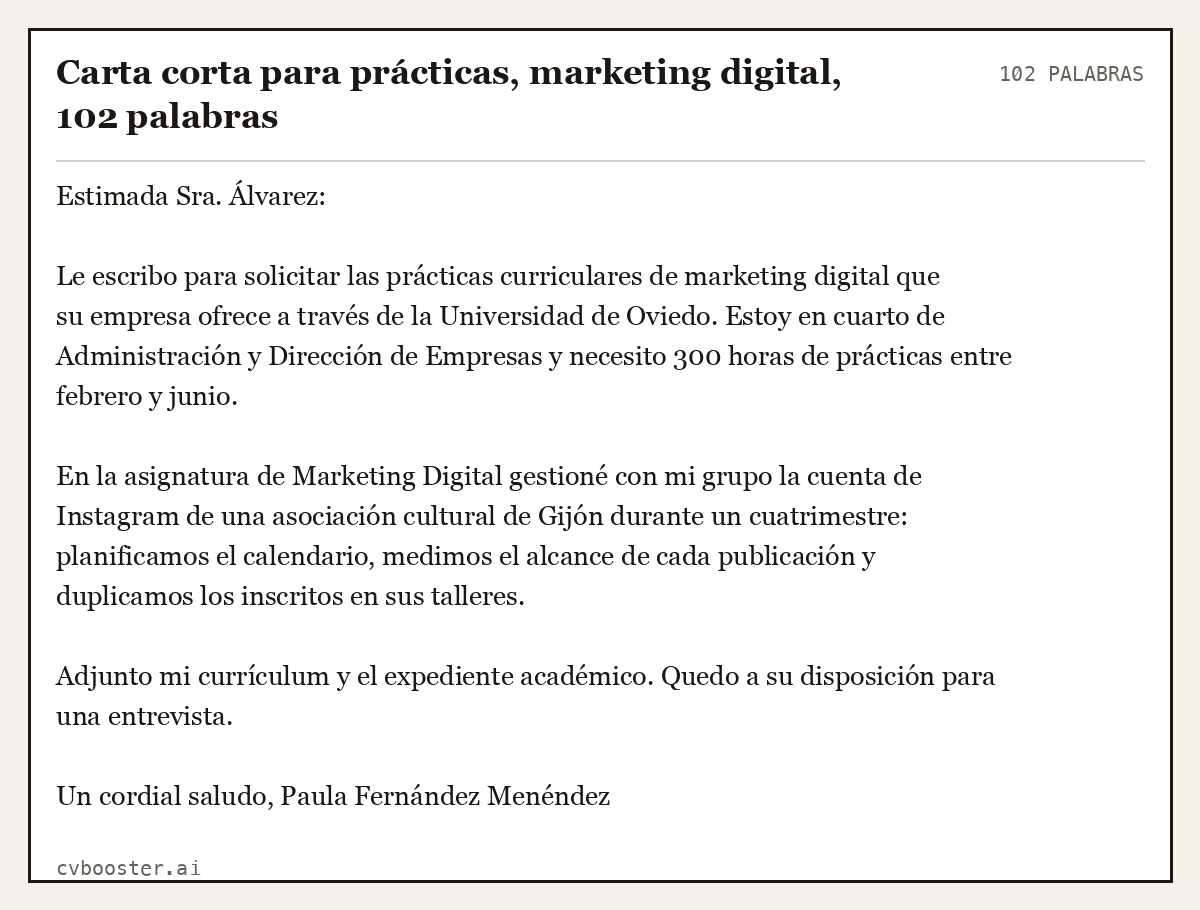 Ejemplo completo: Carta corta para prácticas, marketing digital, 102 palabras, 102 palabras