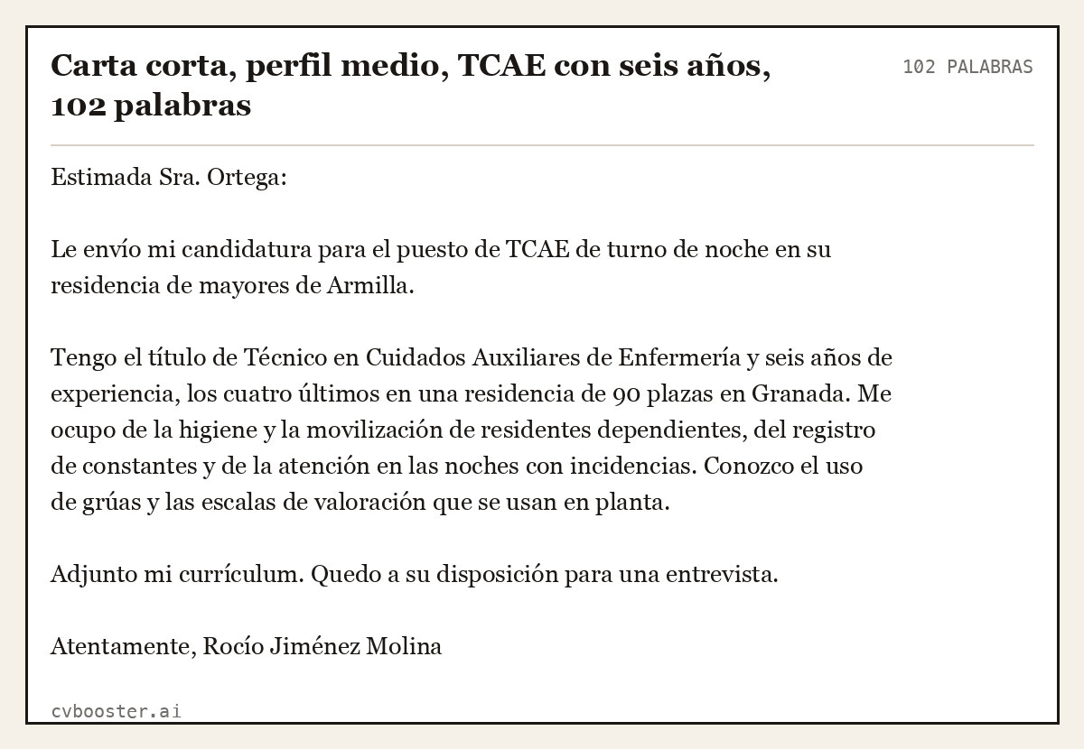 Ejemplo completo: Carta corta, perfil medio, TCAE con seis años, 102 palabras, 102 palabras