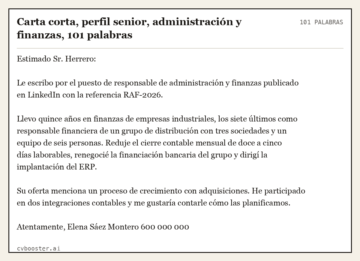 Ejemplo completo: Carta corta, perfil senior, administración y finanzas, 101 palabras, 101 palabras