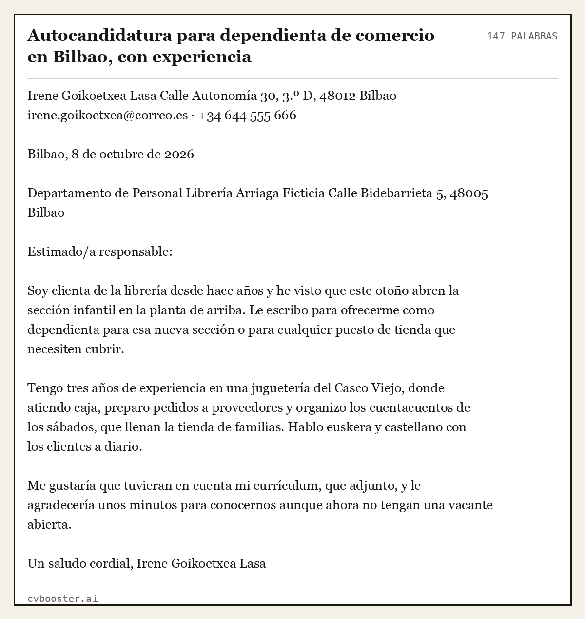 Ejemplo completo: Autocandidatura para dependienta de comercio en Bilbao, con experiencia, 147 palabras