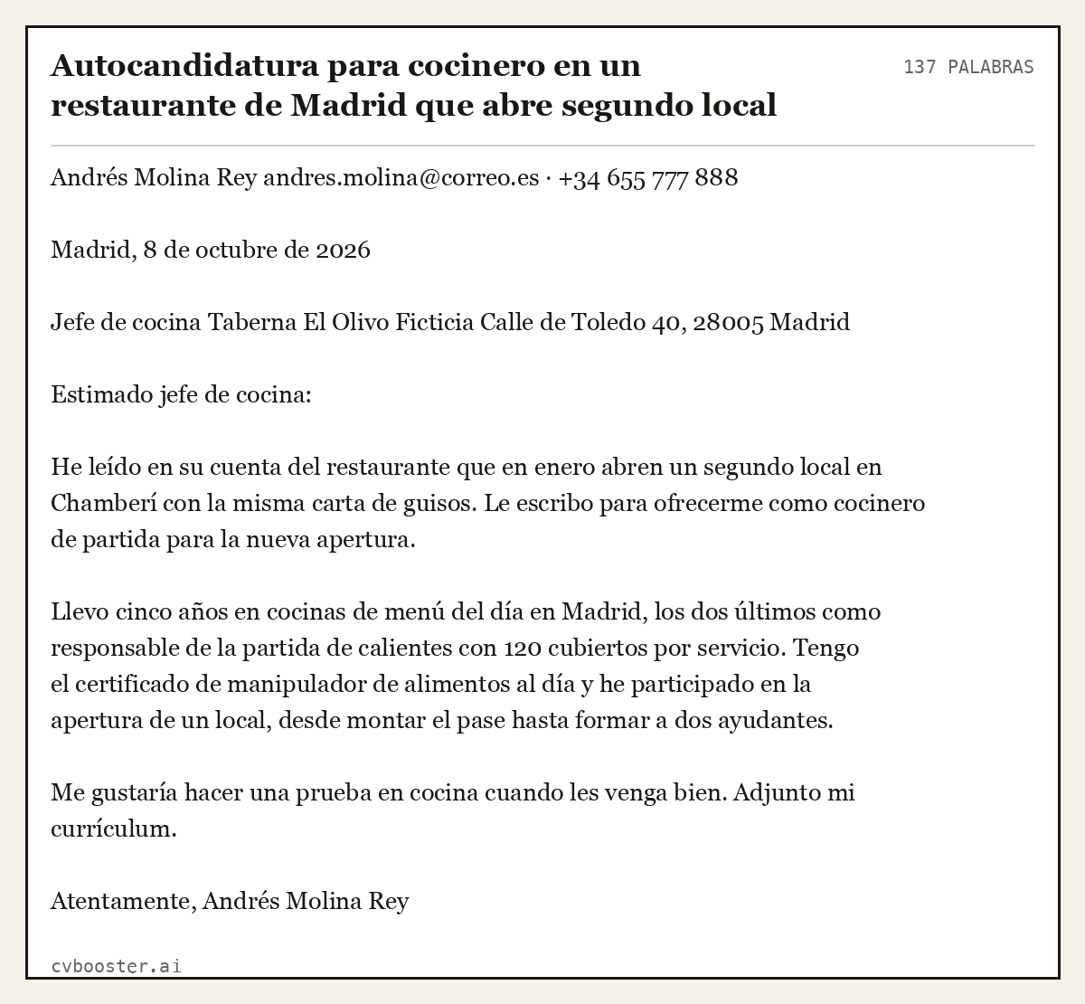 Ejemplo completo: Autocandidatura para cocinero en un restaurante de Madrid que abre segundo local, 137 palabras