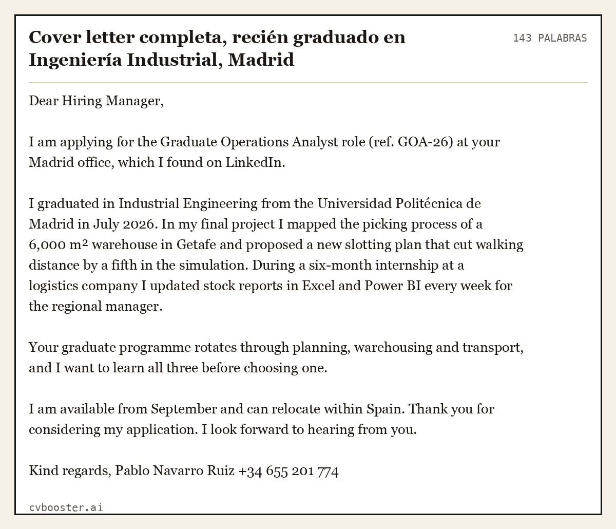 Ejemplo completo: Cover letter completa, recién graduado en Ingeniería Industrial, Madrid, 143 palabras