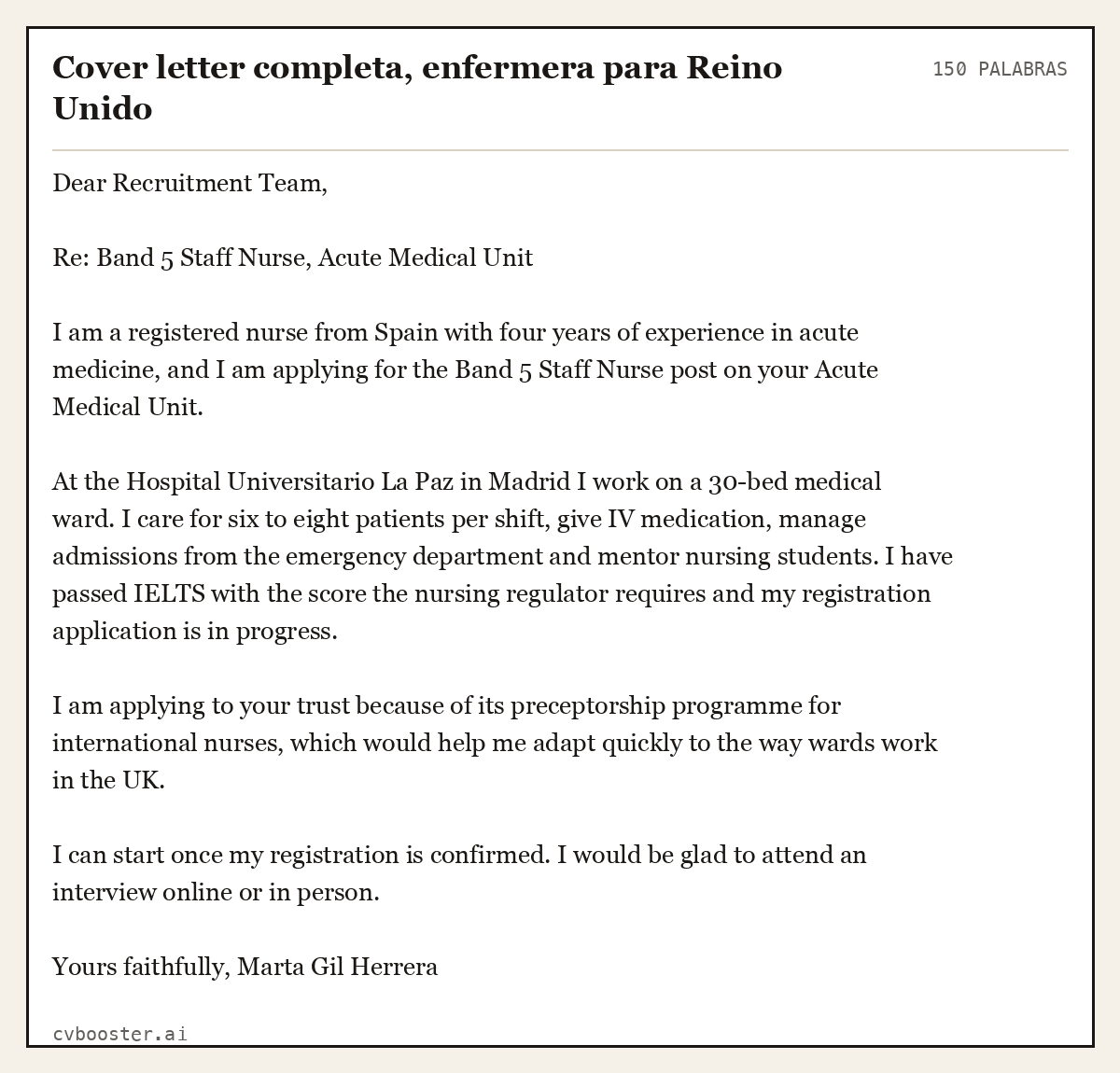Ejemplo completo: Cover letter completa, enfermera para Reino Unido, 150 palabras