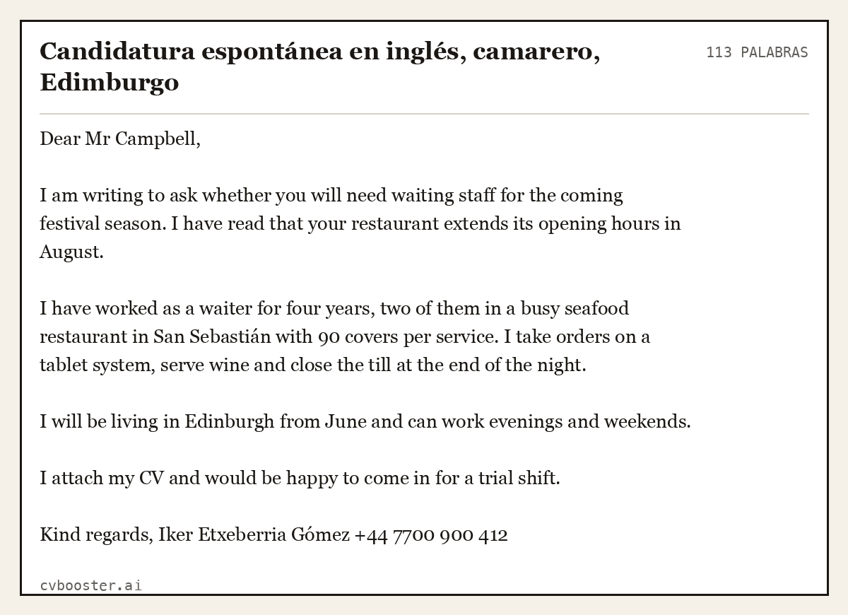 Ejemplo completo: Candidatura espontánea en inglés, camarero, Edimburgo, 113 palabras