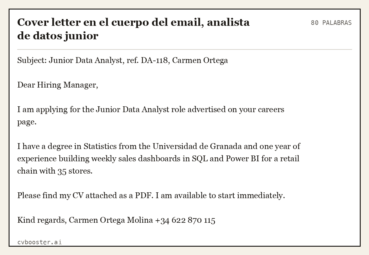 Ejemplo completo: Cover letter en el cuerpo del email, analista de datos junior, 80 palabras