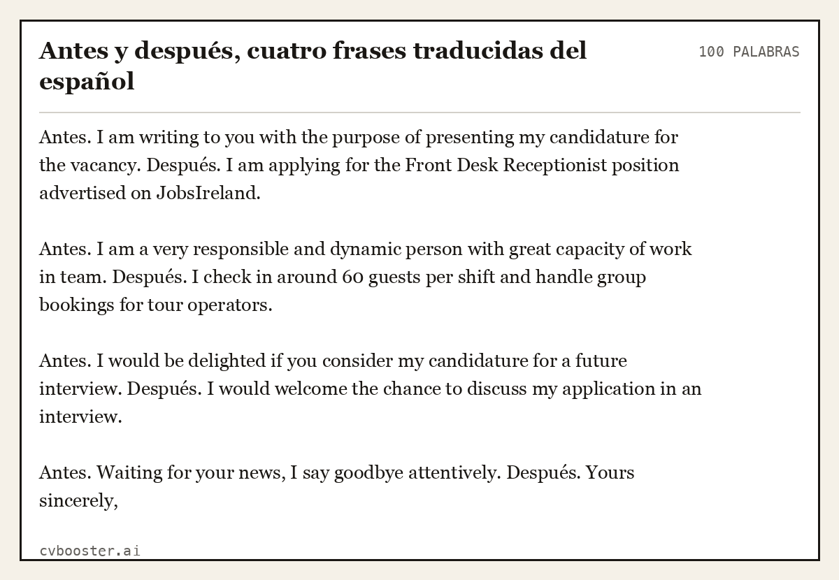 Ejemplo completo: Antes y después, cuatro frases traducidas del español, 100 palabras