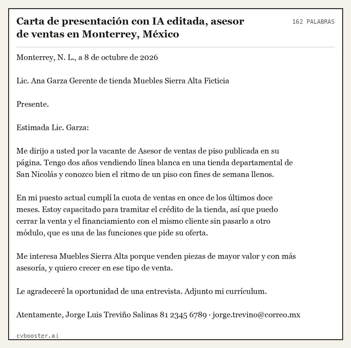 Ejemplo completo: Carta de presentación con IA editada, asesor de ventas en Monterrey, México, 162 palabras