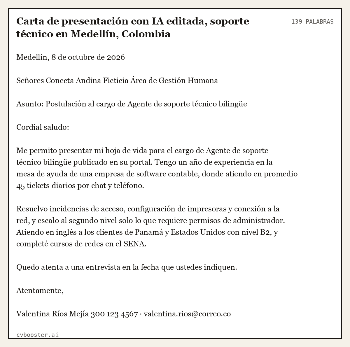 Ejemplo completo: Carta de presentación con IA editada, soporte técnico en Medellín, Colombia, 139 palabras