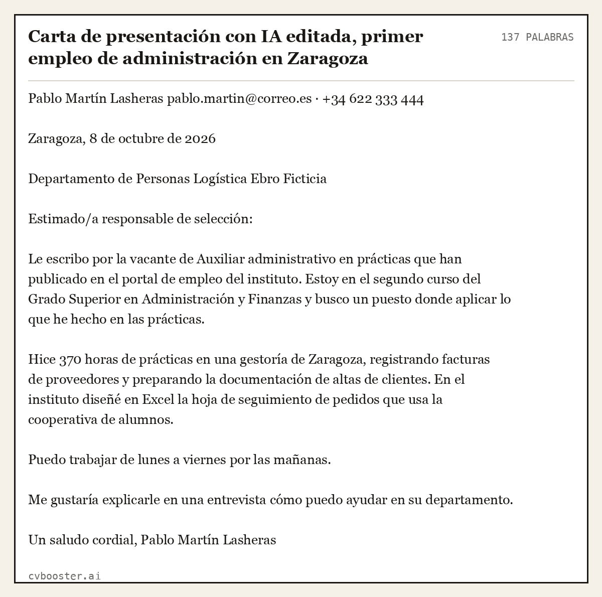 Ejemplo completo: Carta de presentación con IA editada, primer empleo de administración en Zaragoza, 137 palabras