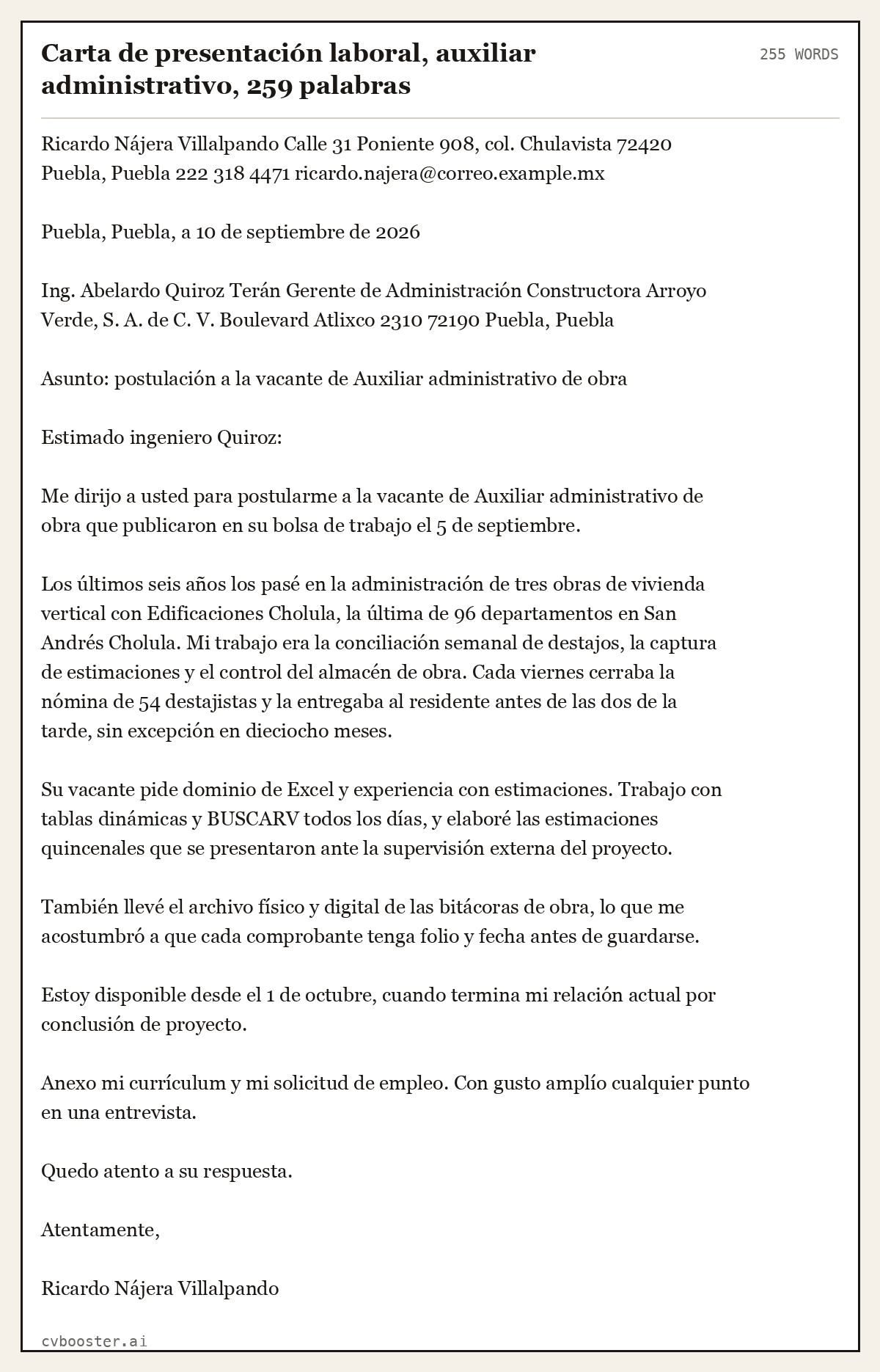 Ejemplo completo: Carta de presentación laboral, auxiliar administrativo, 259 palabras, 255 palabras