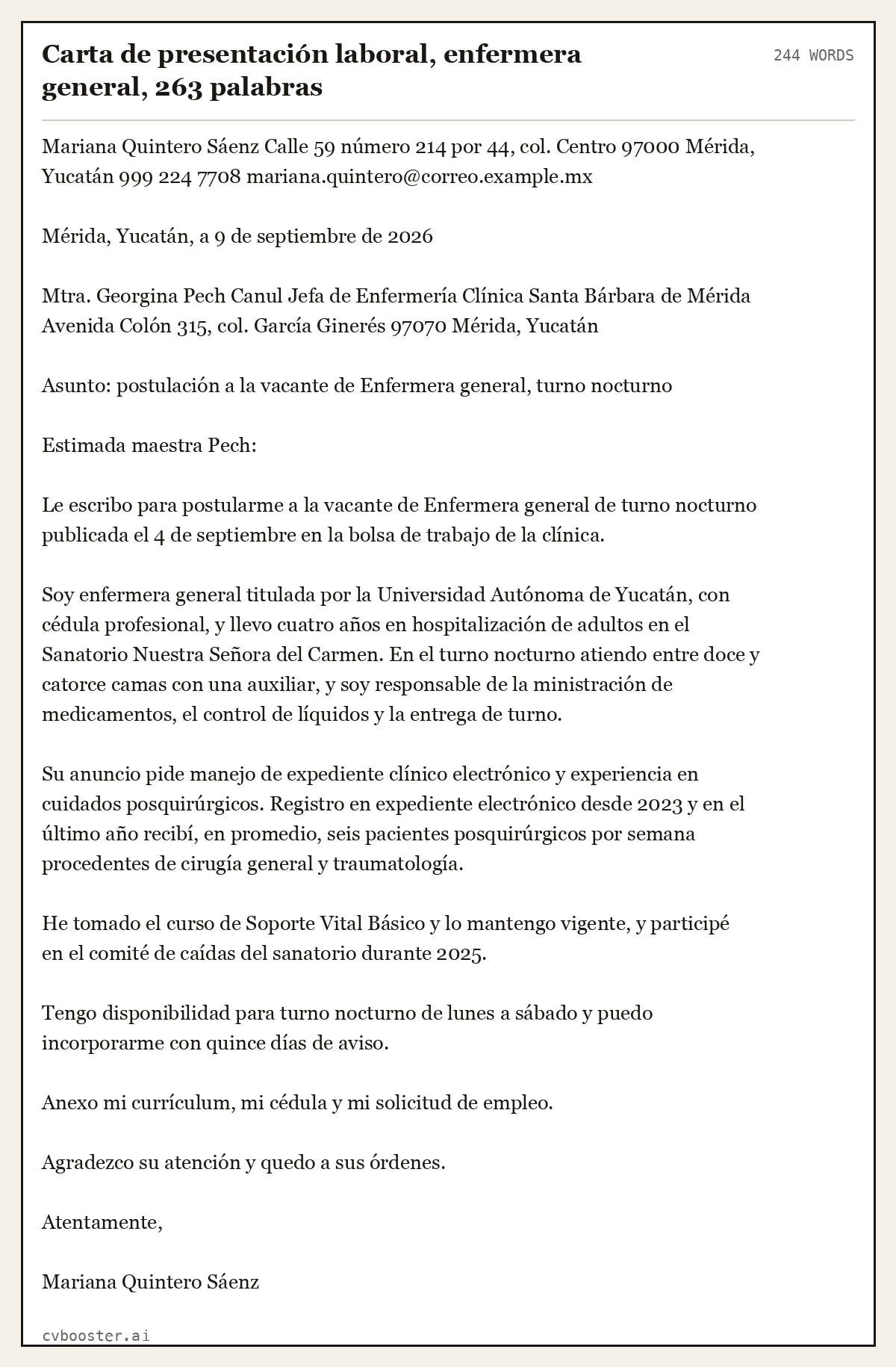 Ejemplo completo: Carta de presentación laboral, enfermera general, 263 palabras, 244 palabras