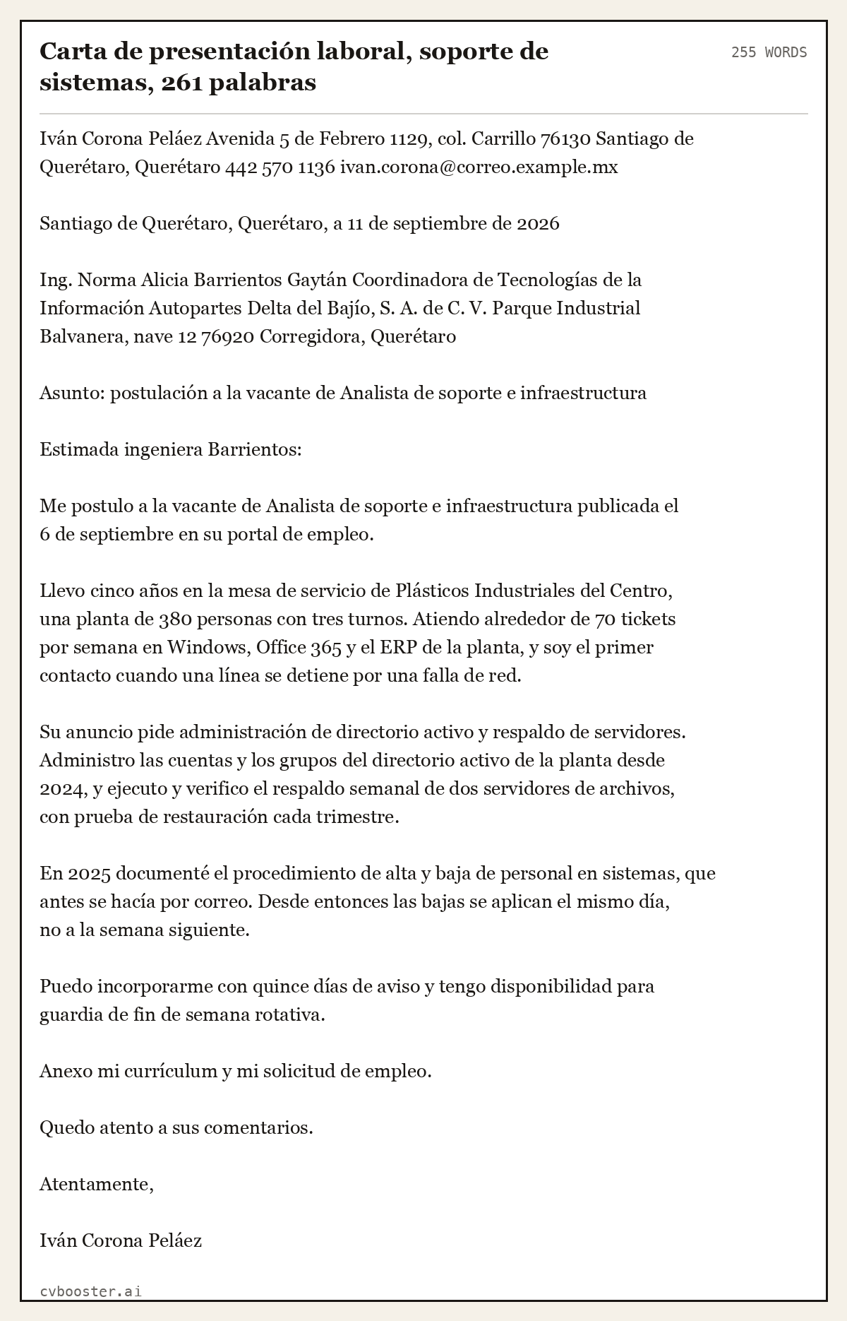 Ejemplo completo: Carta de presentación laboral, soporte de sistemas, 261 palabras, 255 palabras