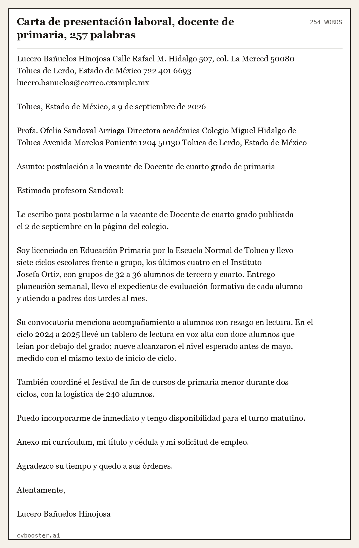 Ejemplo completo: Carta de presentación laboral, docente de primaria, 257 palabras, 254 palabras