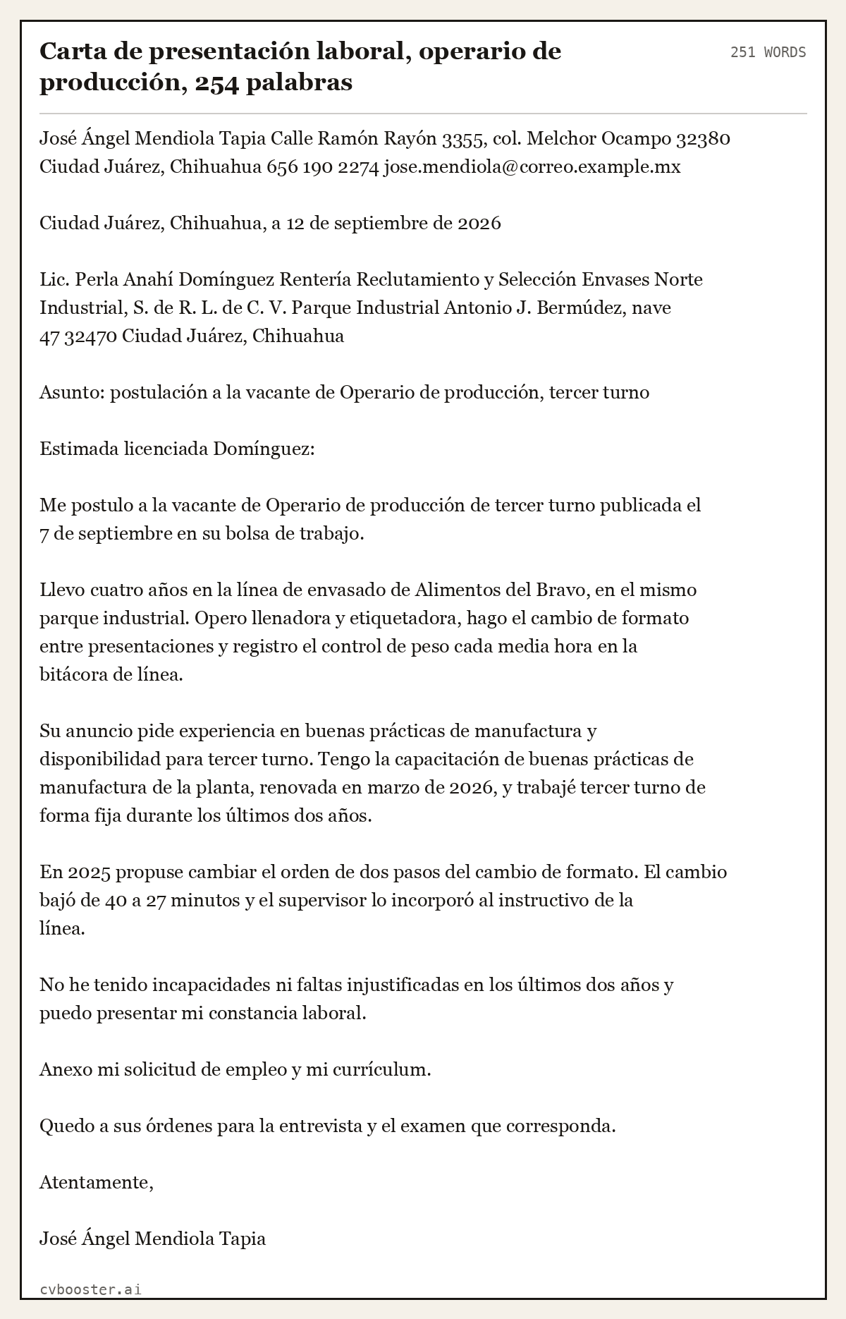 Ejemplo completo: Carta de presentación laboral, operario de producción, 254 palabras, 251 palabras