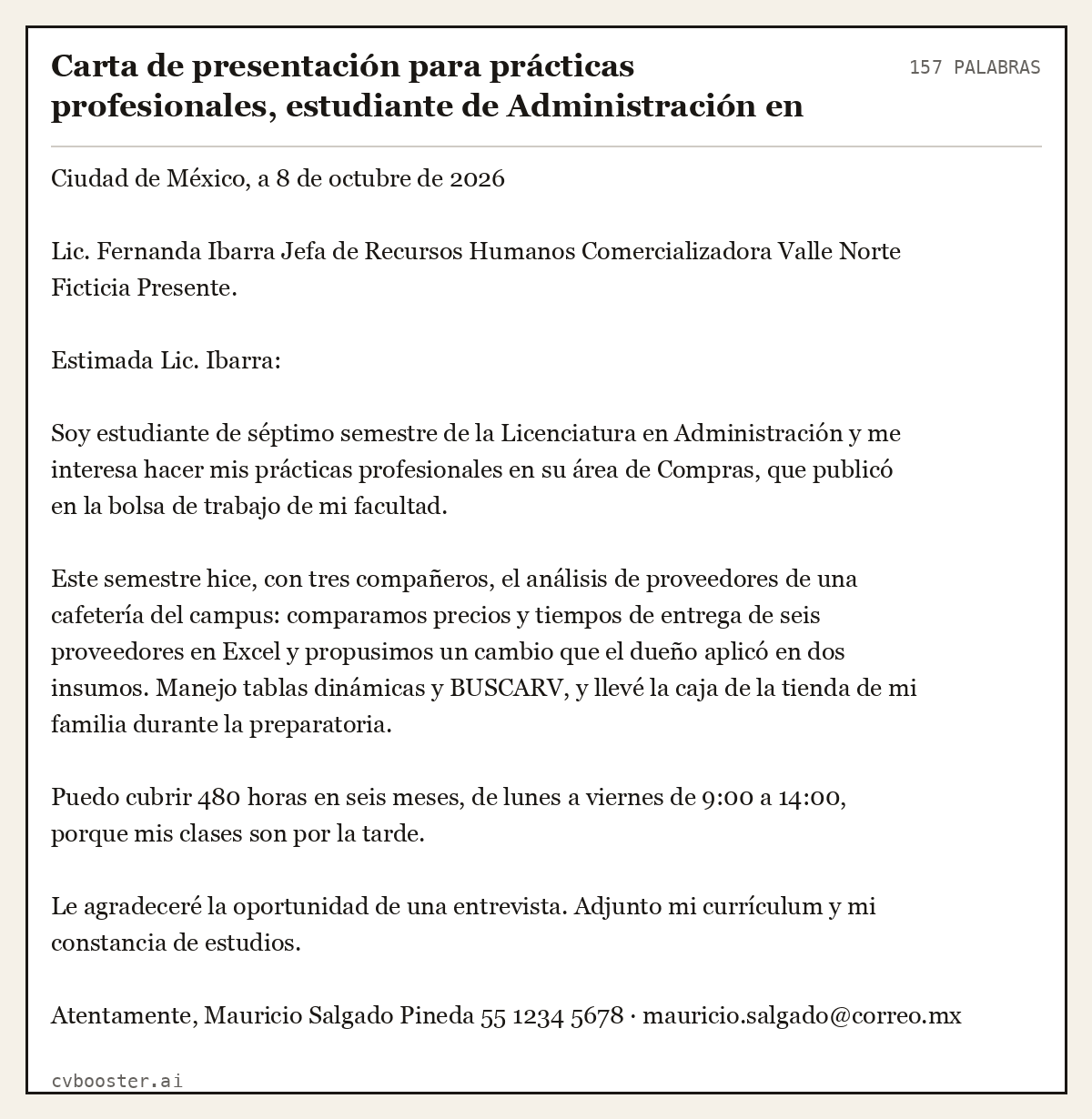 Ejemplo completo: Carta de presentación para prácticas profesionales, estudiante de Administración en Ciudad de México, 157 palabras