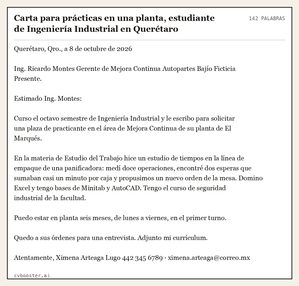 Ejemplo completo: Carta para prácticas en una planta, estudiante de Ingeniería Industrial en Querétaro, 142 palabras