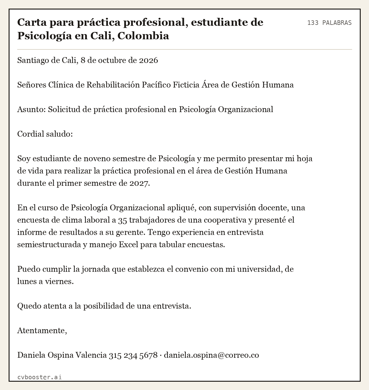 Ejemplo completo: Carta para práctica profesional, estudiante de Psicología en Cali, Colombia, 133 palabras