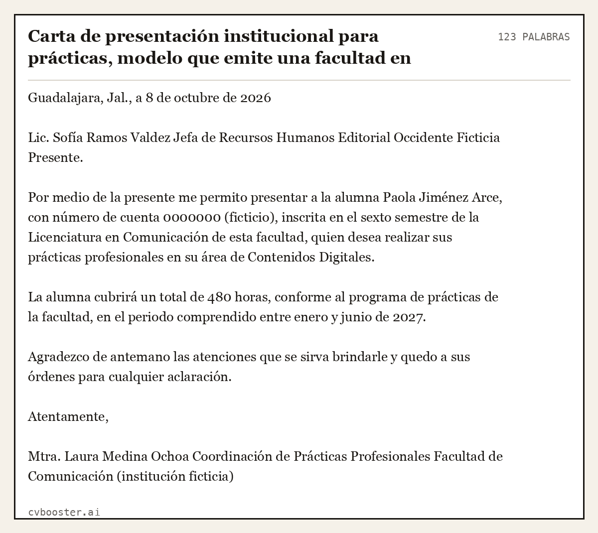 Ejemplo completo: Carta de presentación institucional para prácticas, modelo que emite una facultad en México, 123 palabras