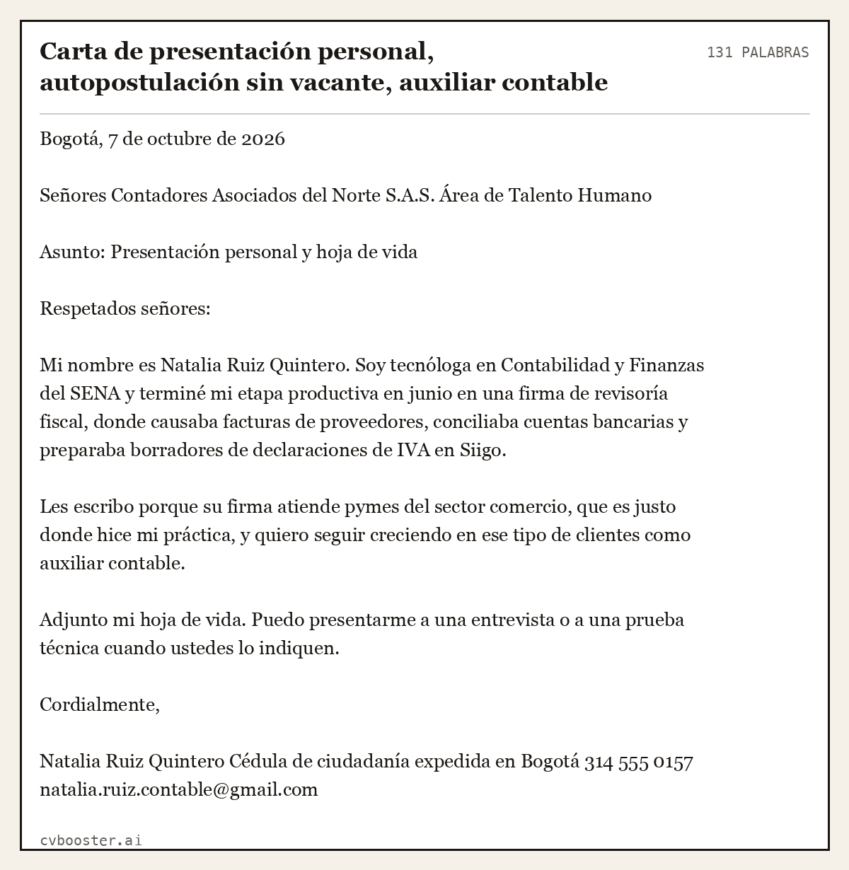 Ejemplo completo: Carta de presentación personal, autopostulación sin vacante, auxiliar contable recién egresada, 131 palabras