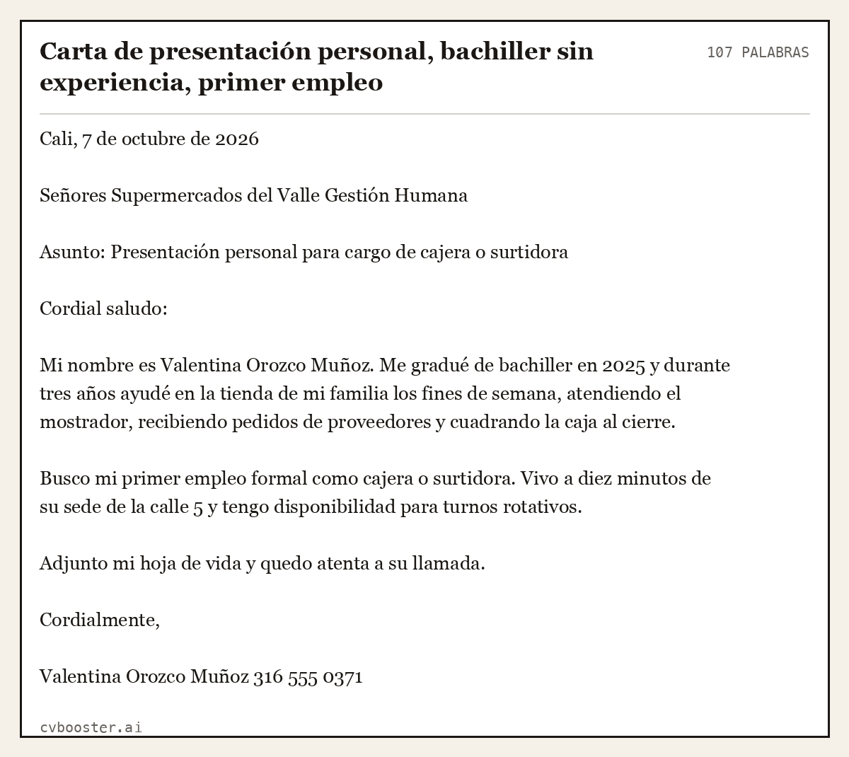 Ejemplo completo: Carta de presentación personal, bachiller sin experiencia, primer empleo, 107 palabras