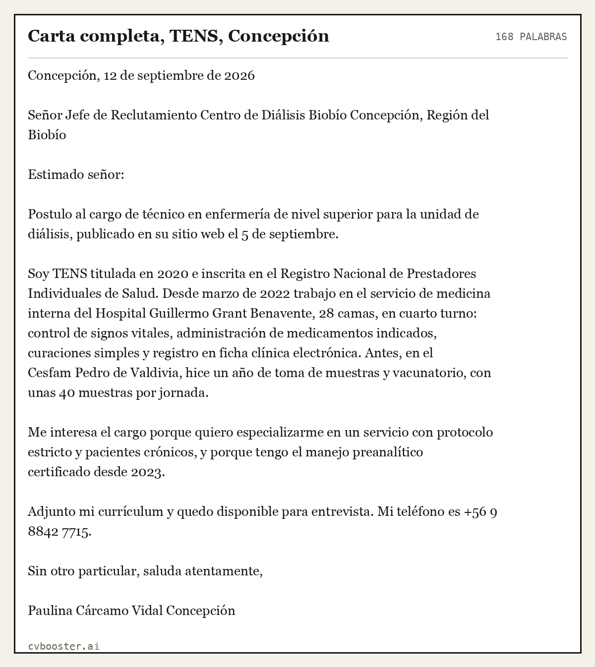 Ejemplo completo: Carta completa, TENS, Concepción, 168 palabras
