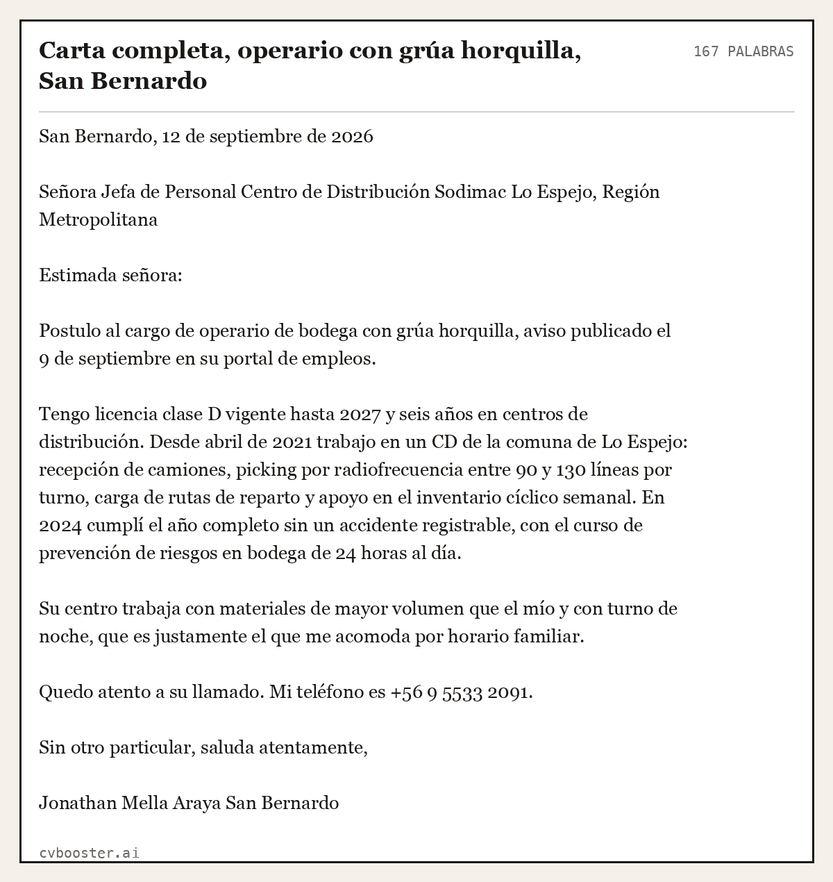 Ejemplo completo: Carta completa, operario con grúa horquilla, San Bernardo, 167 palabras