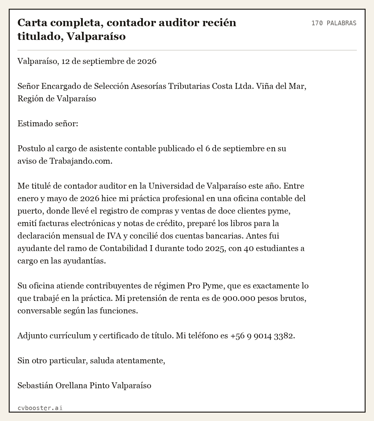 Ejemplo completo: Carta completa, contador auditor recién titulado, Valparaíso, 170 palabras