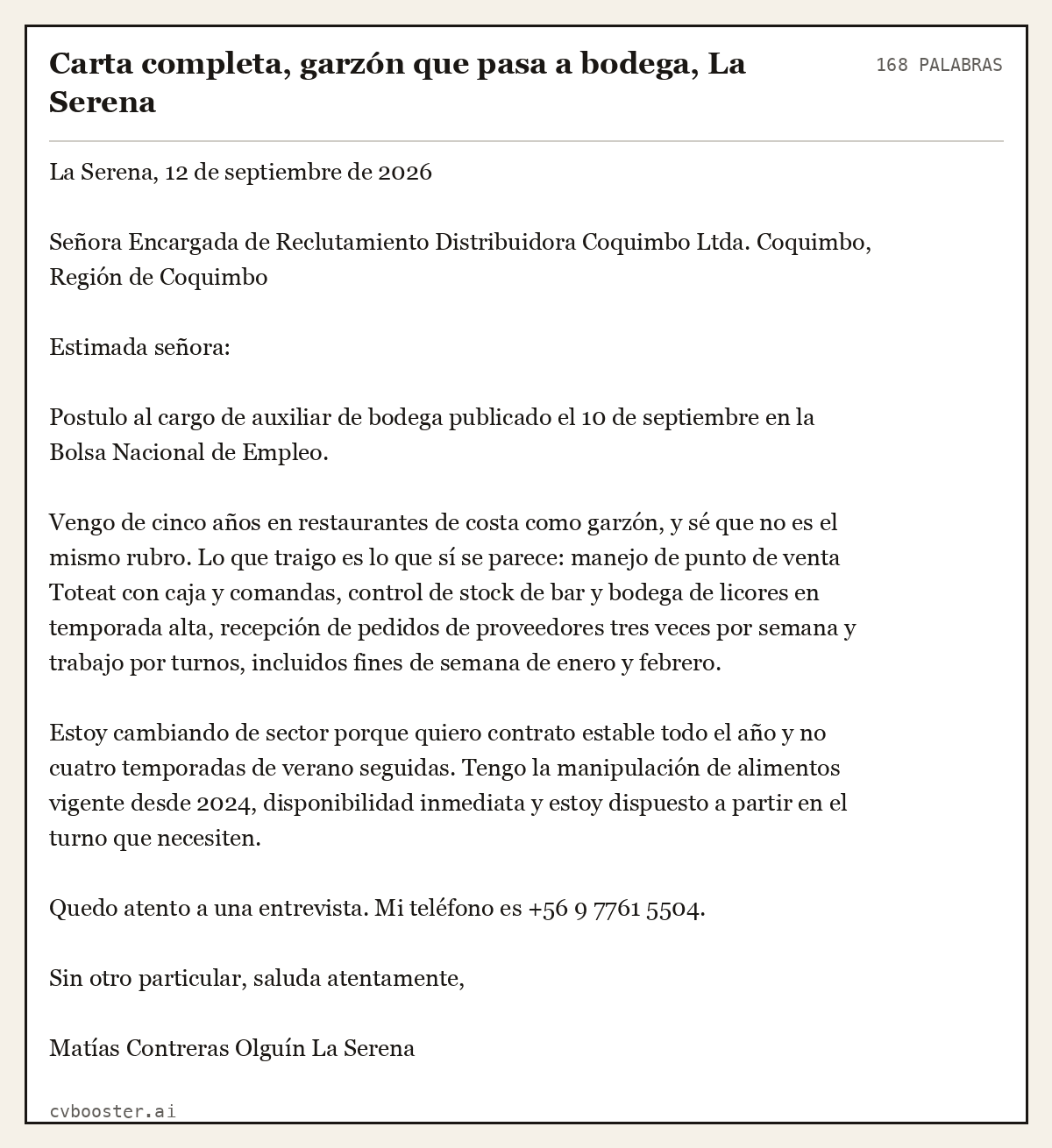 Ejemplo completo: Carta completa, garzón que pasa a bodega, La Serena, 168 palabras