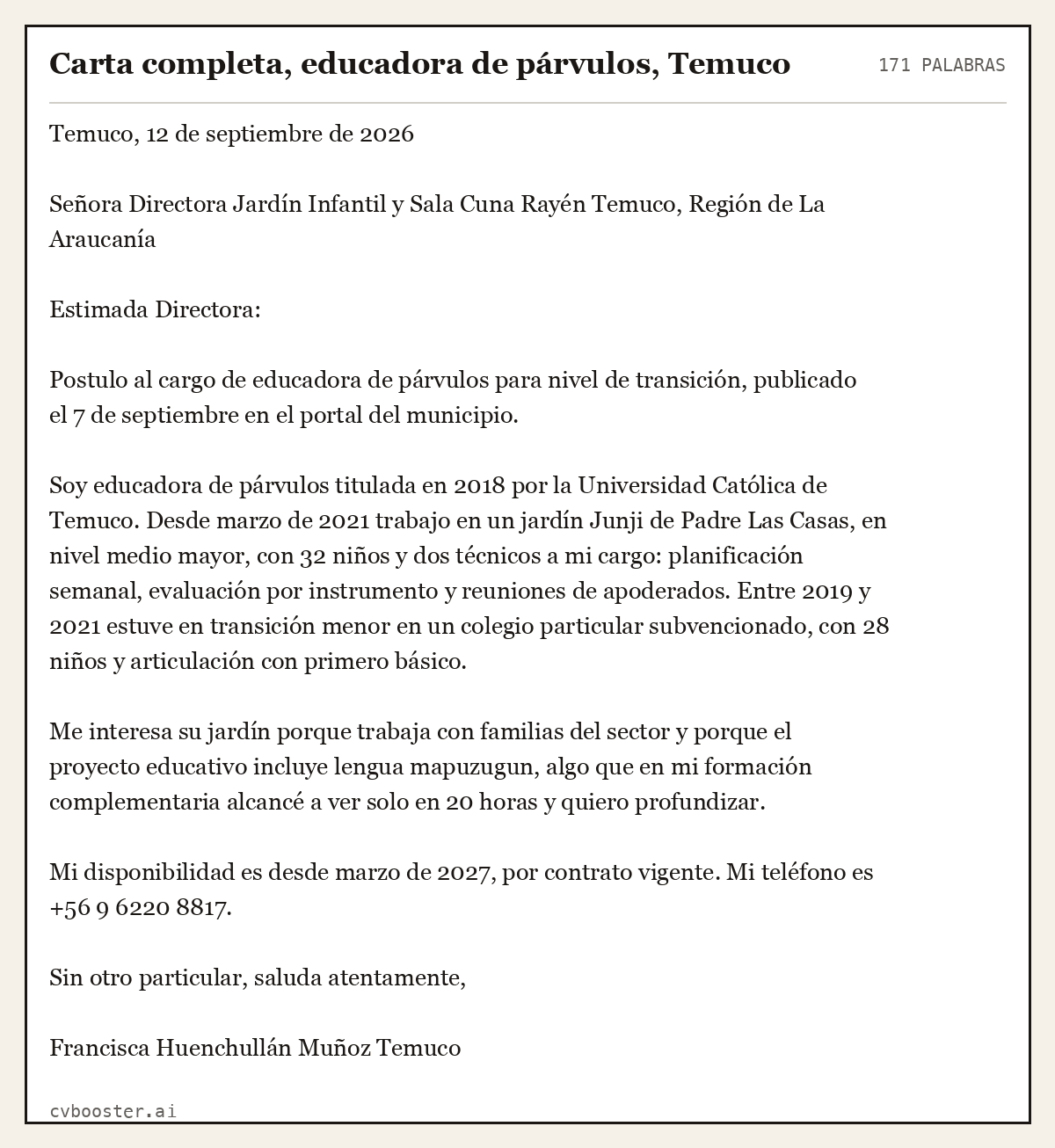 Ejemplo completo: Carta completa, educadora de párvulos, Temuco, 171 palabras