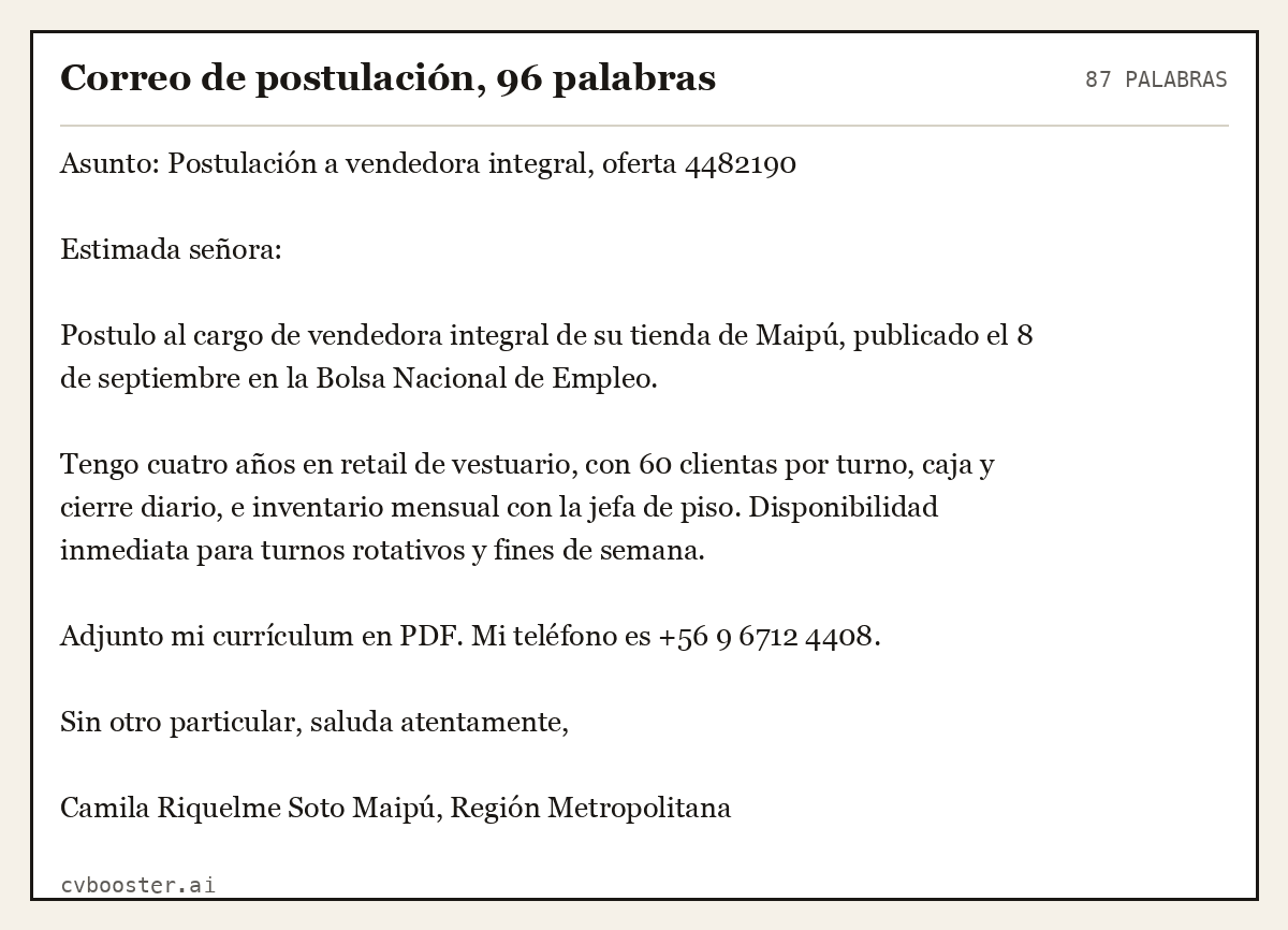 Ejemplo completo: Correo de postulación, 96 palabras, 87 palabras