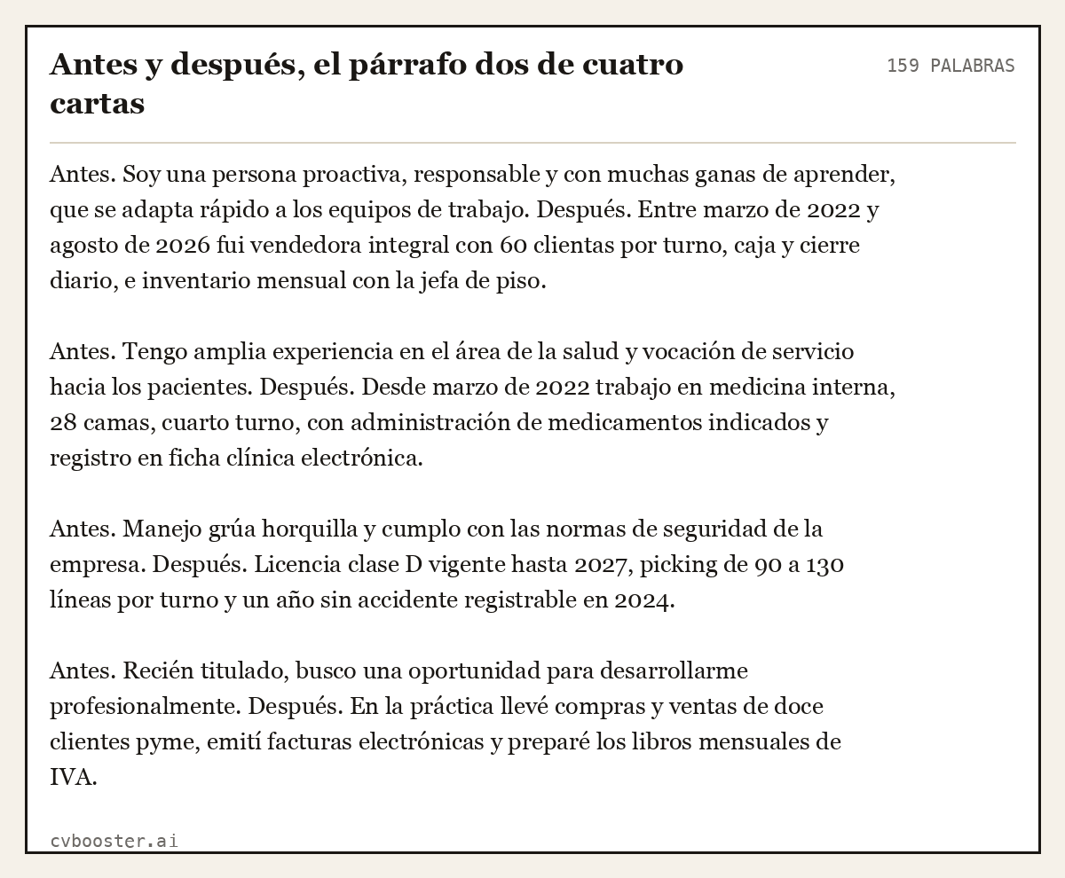 Ejemplo completo: Antes y después, el párrafo dos de cuatro cartas, 159 palabras