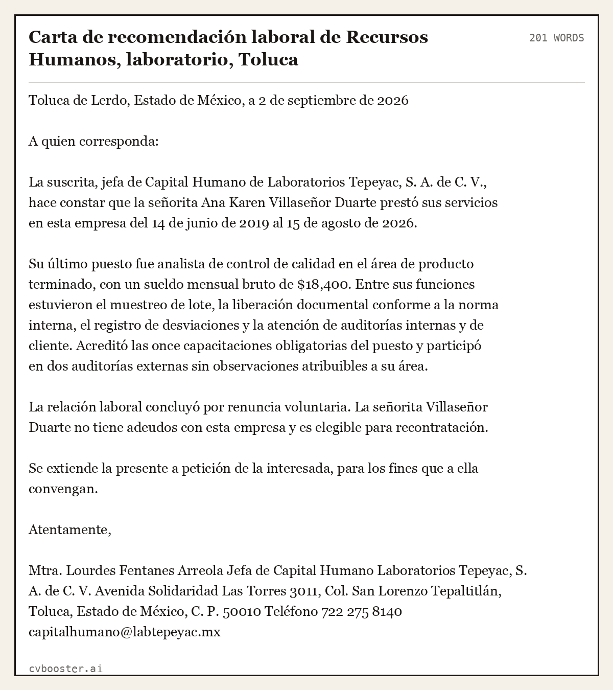 Ejemplo completo: Carta de recomendación laboral de Recursos Humanos, laboratorio, Toluca, 201 palabras
