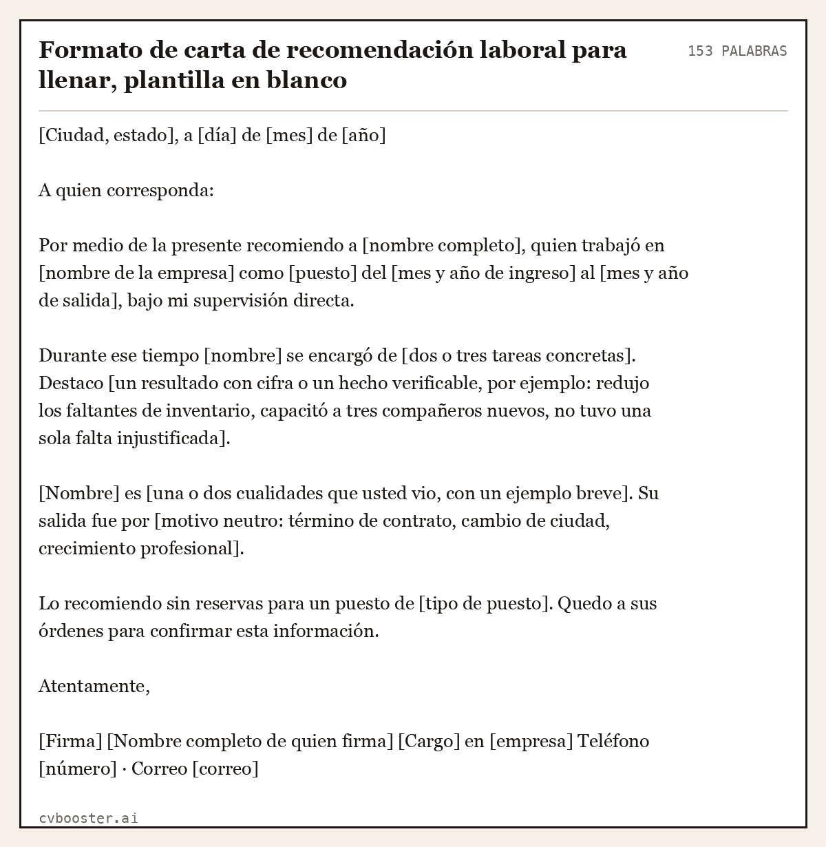 Ejemplo completo: Formato de carta de recomendación laboral para llenar, plantilla en blanco, 153 palabras
