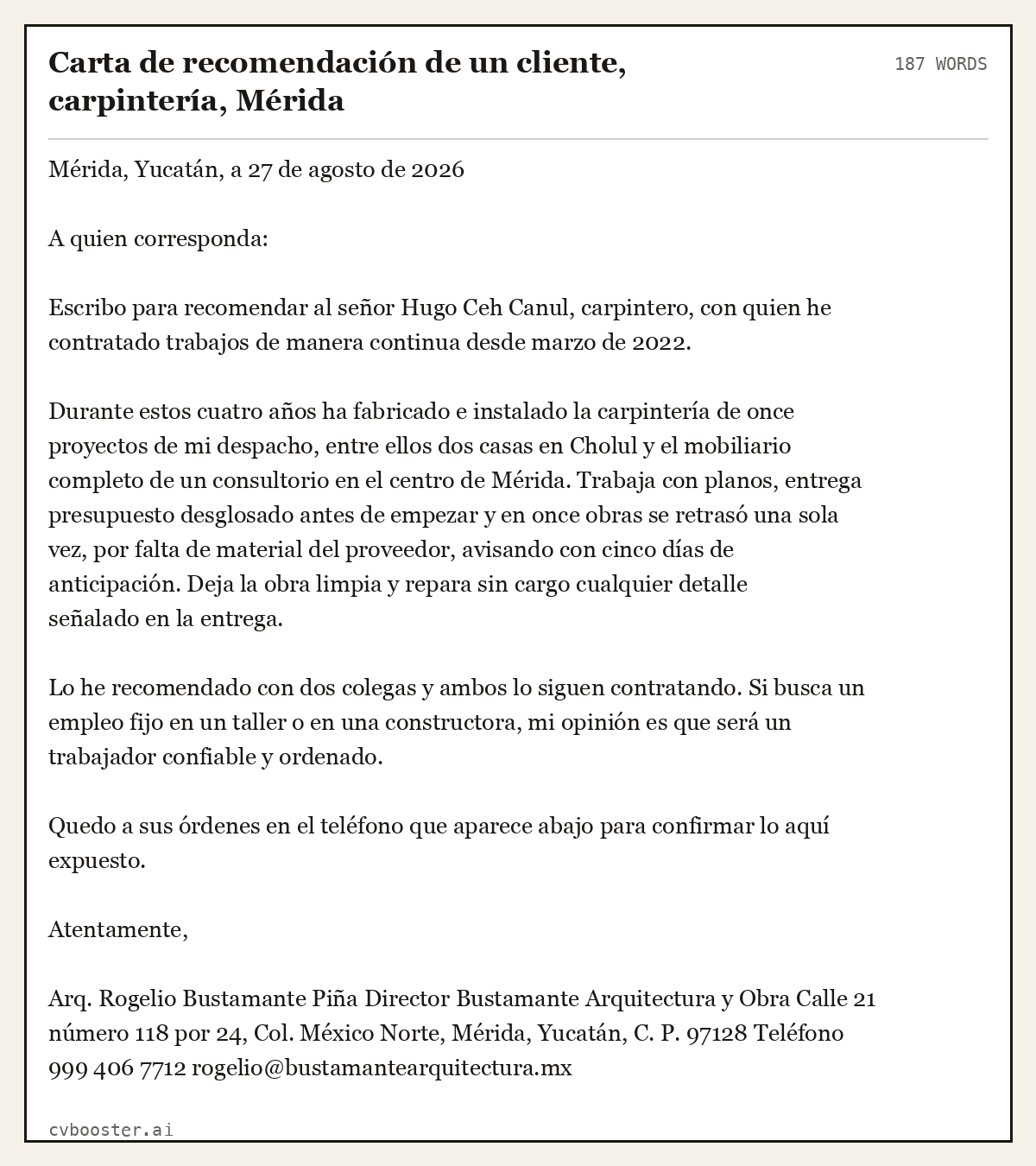 Ejemplo completo: Carta de recomendación de un cliente, carpintería, Mérida, 187 palabras
