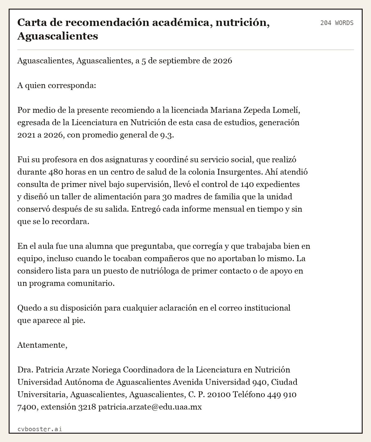 Ejemplo completo: Carta de recomendación académica, nutrición, Aguascalientes, 204 palabras