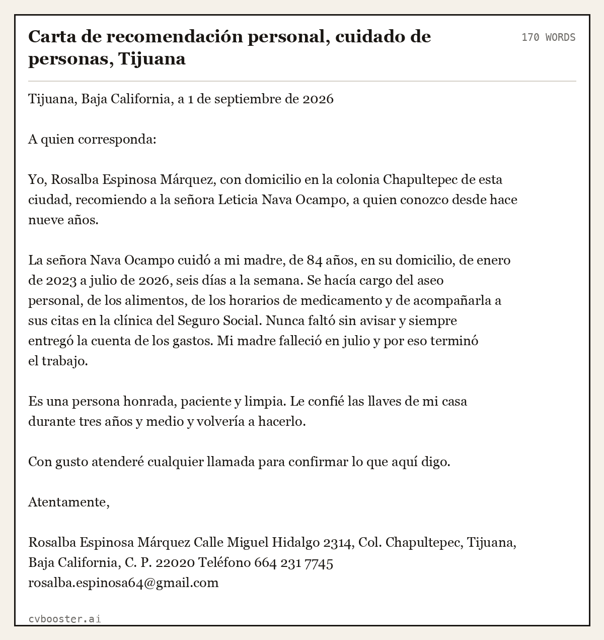 Ejemplo completo: Carta de recomendación personal, cuidado de personas, Tijuana, 170 palabras