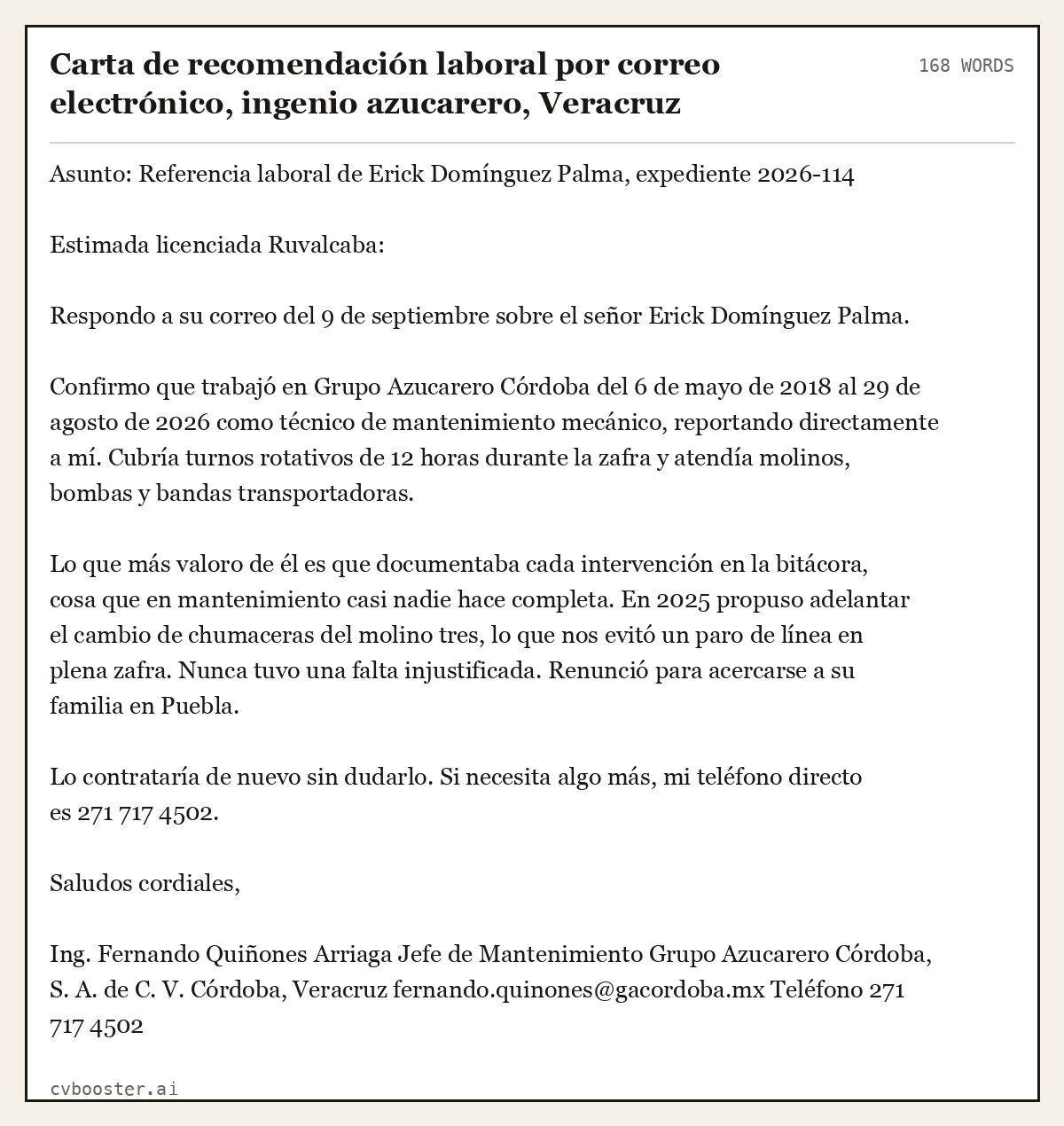 Ejemplo completo: Carta de recomendación laboral por correo electrónico, ingenio azucarero, Veracruz, 168 palabras