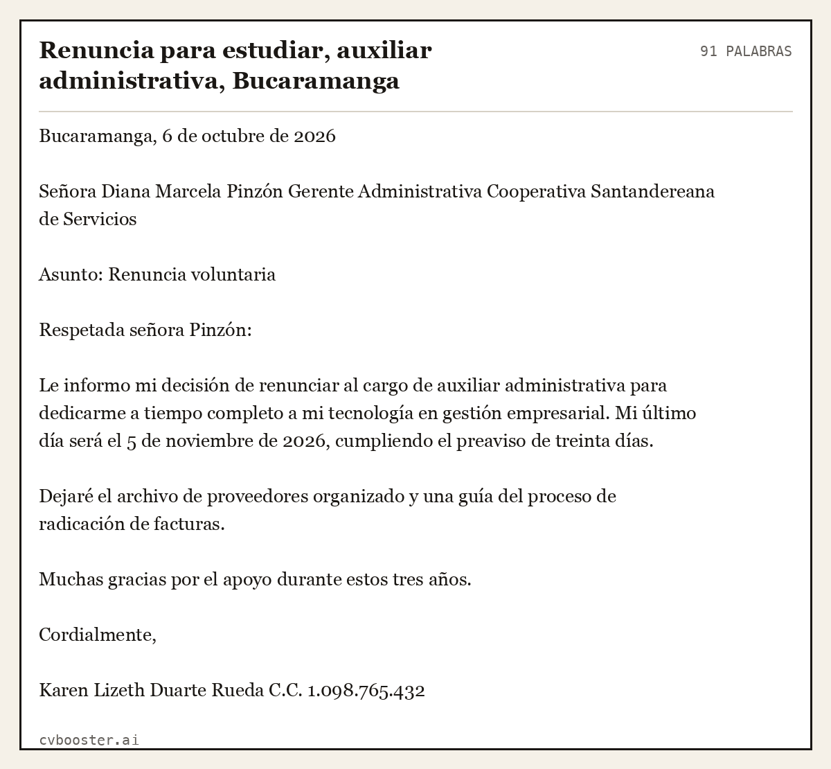 Ejemplo completo: Renuncia para estudiar, auxiliar administrativa, Bucaramanga, 91 palabras