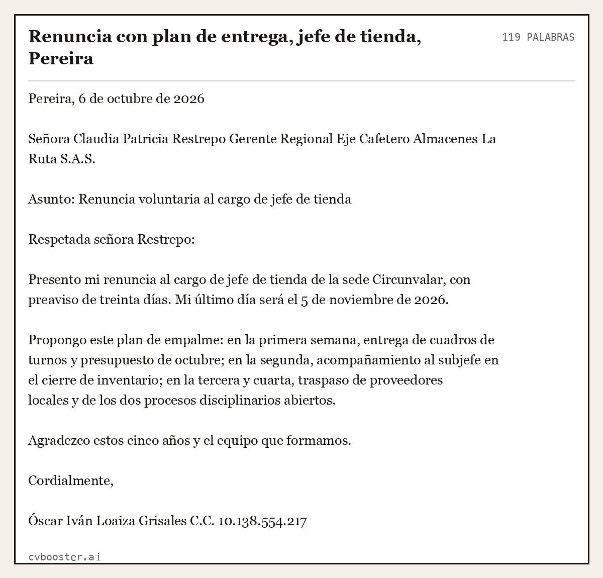 Ejemplo completo: Renuncia con plan de entrega, jefe de tienda, Pereira, 119 palabras